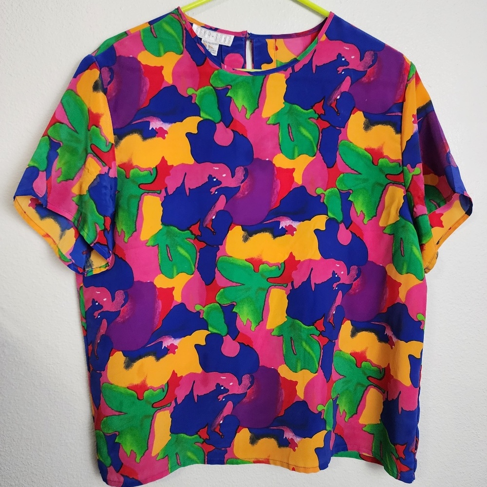 Vintage Hana Sung Floral Pink and Green Monstera Plant Print Blouse Size Large